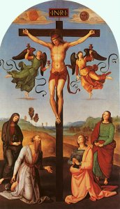 Christ on the Cross with the Virgin, Saint Jerome, Mary Magdalene, and John the Baptist (Citta di Castello Altarpiece) 1502