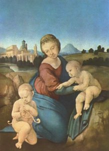 Madonna in the Meadow, scene with Mary and Christ child, John the Baptist