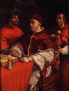 Pope Leo X with Cardinals Giulio de' Medici and Luigi de' Rossi [detail: 1]